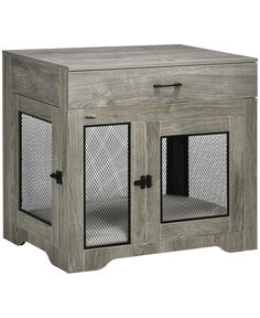 a grey wooden cabinet with two doors and one door open on the bottom, side view