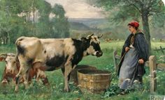 a painting of a woman standing next to two cows