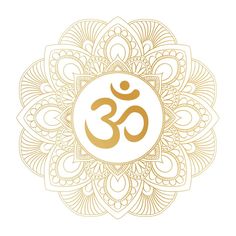 the om shan symbol in gold and white with an intricate flower pattern around it on a white background