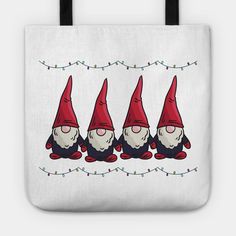 three gnomes with red hats sitting on string lights tote bag, front and back view