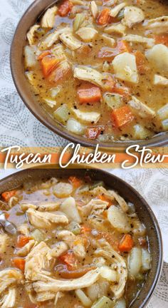 two bowls filled with chicken stew on top of a table