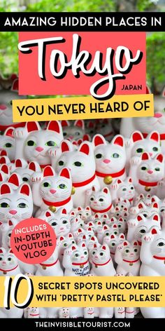 there are many white cats with red spots on their faces and the words tokyo you never heard of 10 secret spots uncovered with pretty pastel please