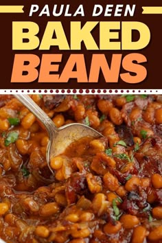 baked beans in a white bowl with a spoon