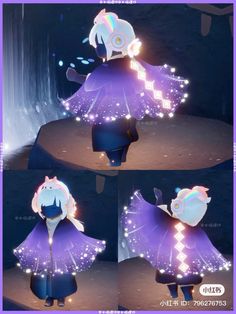 the animated character is dressed in purple and has glowing lights on her head, while she stands