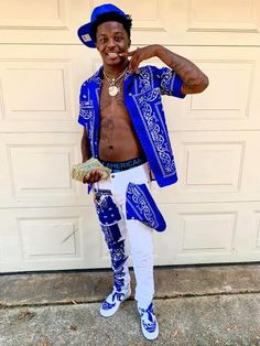 Blue Bandana Outfit Men, Smelly Refrigerator, Men Denim Outfit, Crip Gang, Black Men Fashion Urban, Beautiful Jumpsuits, Drip Outfit Men