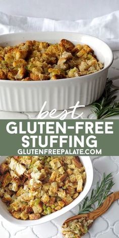 the best gluten - free stuffing recipe is in a casserole dish