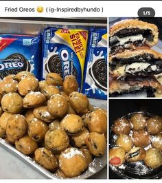 some food is sitting on top of a table and in front of two pictures, one has oreos and the other has cookies