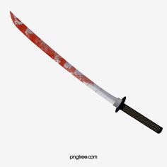 a red and white knife with black handle on it's end, against a white background