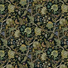 an intricately designed wallpaper with birds and flowers on black background, in the middle of