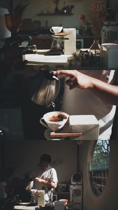 a person pouring coffee into a cup in a kitchen with other items on the counter