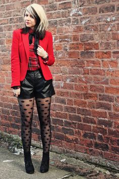 Polka dot tights, plaid top, red blazer, and leather shorts Shorts With Tights Outfit, Friday The Thirteenth, Leather Shorts Outfit, 16 Outfits, Sweet 16 Outfits, Night Fits, Polka Dot Tights, Panty Hose