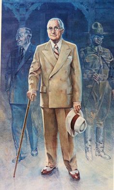 a painting of a man in a suit and tie holding a cane while standing next to other men