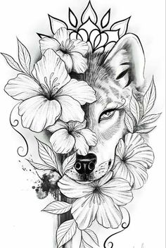 a drawing of a wolf with flowers on it's head and an arrow in the middle