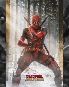 a deadpool movie poster with the words deadpool on it's chest and two swords in his hands