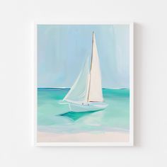 a painting of a sailboat in the ocean on a sunny day with blue water