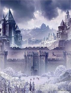 an old castle in the middle of a snowy mountain range with people walking around it