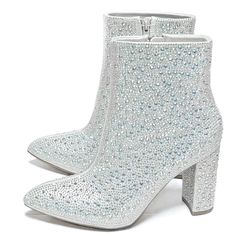 Sparkle And Shine In These Blingy Rhinestone Ankle Boots. Great For Parties, Concerts And Other Fun Special Occasions. New In Box Man Made Material Rhinestone Encrusted Uppers Pointed Toes Side Zipper For Easy Shoe Removal Lightly Padded Insole Comfy Chunky Heels Heel Height: 3.5 In. Shaft Height: 5.5 In. Fitting: True To Size. Regular Widt Rhinestone Ankle Boots, Sparkle High Heels, Silver Boots, Preppy Shoes, Cat Shoes, Pretty Shoes Sneakers, Sparkly Shoes, Chunky Heel Ankle Boots, Sparkle Shoes