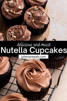 chocolate cupcakes with nutella frosting on a cooling rack