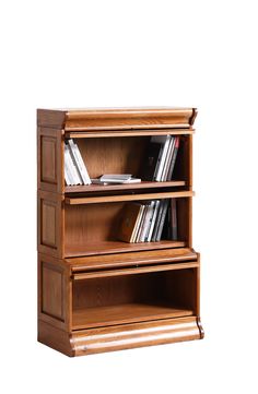 a wooden bookcase with three shelves filled with books