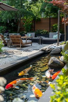 an outdoor patio with koi fish swimming in the water