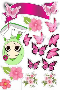 a bunch of stickers with pink flowers and butterflies