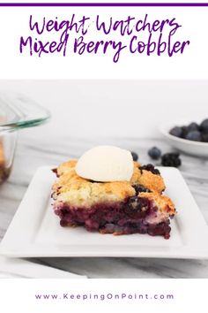 blueberry cobbler on a white plate with text overlay