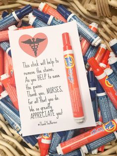 a basket full of crayons with a note on it that says, this stick will help to remove the help to case