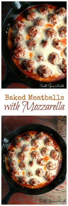 baked meatballs with mozzarella in a cast iron skillet