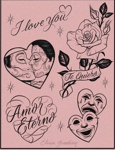 tattoos with roses and hearts on pink paper, which says i love you in spanish