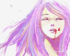 a drawing of a woman with pink hair and blood on her face