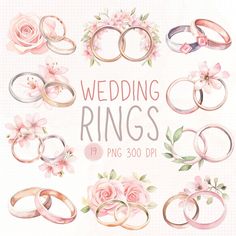 watercolor wedding rings clipart set with pink flowers and leaves on white background for commercial use