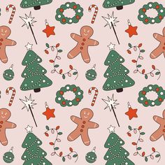 a christmas pattern with gingerbreads, candy canes and stars on a pink background