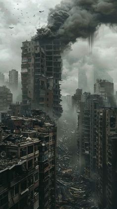 Dystopian City Art, Distopian Architecture Art, Abandoned City Aesthetic, Dystopian Background, Apocalypse Artwork, Falling Building, Post Apocalyptic Aesthetic, Zombie Concept, Dystopian Landscape