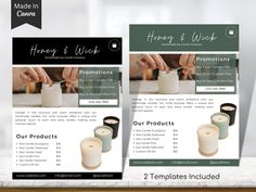 two flyers with images of candles on them and the words honey & wick written below