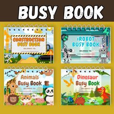 four children's books with the title busy book