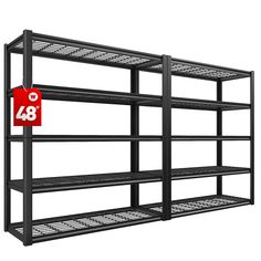 an industrial shelving unit with four shelves and a price tag on the bottom shelf