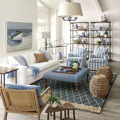 a living room filled with lots of furniture and decor on top of a hard wood floor