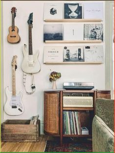 there are guitars and other musical instruments on the wall