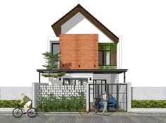 a drawing of a house with a bicycle parked in front of it and a person on the sidewalk