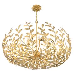 a gold chandelier with leaves hanging from it's center point, on a white background