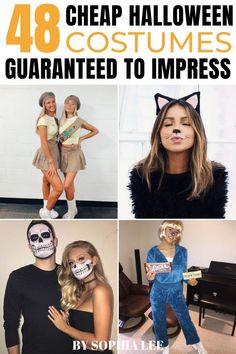 halloween costumes for girls with text overlay that reads, 48 cheap halloween costumes quainted to impress