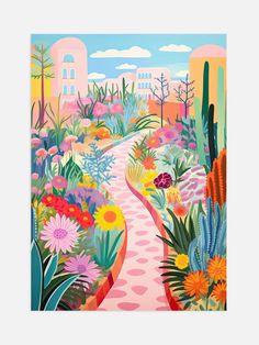 a painting of a garden with flowers and cactuses on the sides, in pastel colors