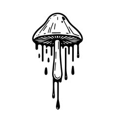 a black and white drawing of a mushroom with drops of water on it's surface