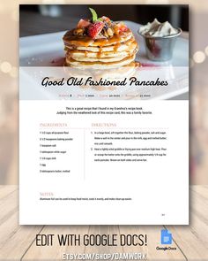 a website page with pancakes and fruit on it