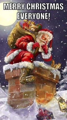 a santa clause is on top of a chimney in the snow with presents around him