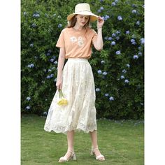 Discover Elegance and Comfort Step into summer with grace and style with our Elegant Floral Lace A-Line Skirt. Perfectly designed to flatter a pear-shaped body, this mid-calf skirt combines timeless elegance with contemporary fashion trends. The intricate lace embroidery adds a touch of sophistication, making it an essential addition to your summer wardrobe. Product Features Made from high-quality polyamide, this skirt features a natural waistline that enhances your silhouette while the non-stretch fabric ensures a structured and flattering fit. The floral lace pattern is not just beautiful; it's a testament to expert craftsmanship and attention to detail. When to Wear This versatile skirt is ideal for various summer occasions. Whether you're attending a casual outdoor event or a more form Casual Summer Bottoms For Garden Party, Spring Pleated Maxi Skirt For The Beach, Spring Relaxed Long Maxi Skirt, Elegant Flared Skirt For Spring, Summer Flowy Gathered Maxi Skirt, Spring Flowy Lined Maxi Skirt, Feminine White Maxi Skirt For Summer, Flowy Gathered Maxi Skirt For Summer, Flowy Flared Maxi Skirt For Spring