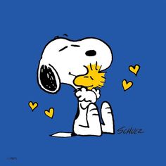 a cartoon character holding onto the nose of a snoopy dog with hearts around it