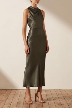 La Lune High Neck Midi Dress | Olive | Dresses | Shona Joy – Shona Joy International Grey Cocktail Dress Midi, Classy Halter Dress, Grandma Wedding Guest Outfit, High Neck Cocktail Dress, High Neck Low Back Dress, Formal Midi Dress Classy, Olive Satin Dress, Shona Joy Bridesmaid, Best Wedding Guest Dresses Classy