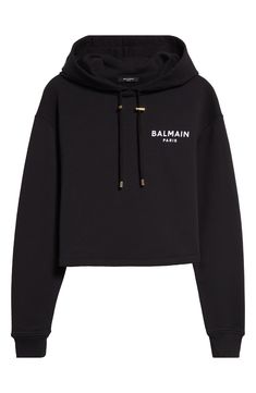 The iconic French fashion house brings forth a weekend-wardrobe essential with a cropped cotton-fleece hoodie detailed with a flocked block-letter chest logo. 19" length (size Medium) Drawstring hood Ribbed cuffs 100% cotton Machine wash, dry flat Made in Portugal Designer Clothing Balmain Sweater, Paris Logo, Balmain Paris, Cropped Sweatshirt, Leather Cap, Cotton Hoodie, Hoodies For Sale, Crop Sweatshirt, Cotton Fleece