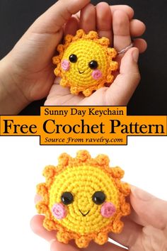 a crocheted sunflower brooch is shown with the text sunny day keychain free crochet pattern